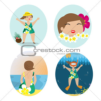 Four cards set with young woman in vacation.