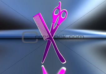 Pink scissors and comb. The subject of hairdressers. 3D illustration