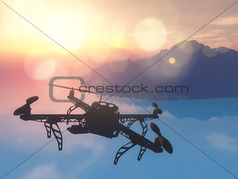 3D drone flying over the ocean with a sunset sky