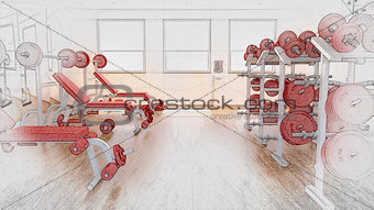3D sketched background of a gym interior
