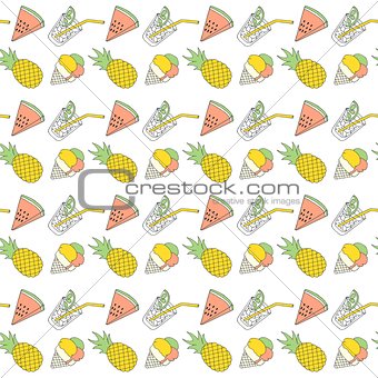 Colorful summer seamless pattern with tropical fruits and ice cream. Vector.