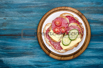 plate of sandwiches with salami