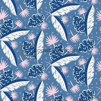 Blue jungle leaves pattern for summer seamless prints.