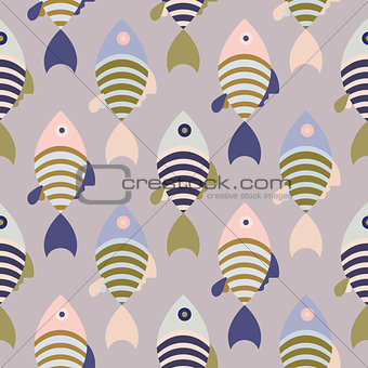 Striped cartoon fish seamless vector pattern.