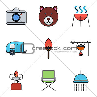 Camping vector outline stroke icon.
