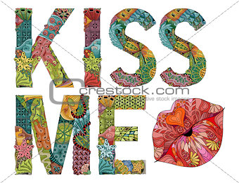 Word kiss me with silhouette of lips. Vector decorative zentangle object