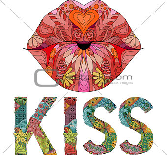 Word KISS with lips silhouette . Vector decorative zentangle object