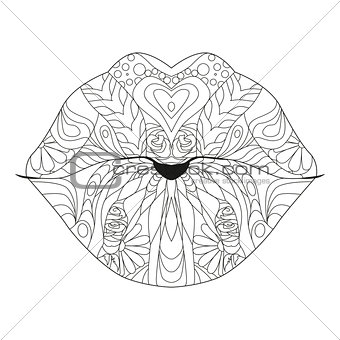 Zentangle stylized lips for coloring. Hand Drawn lace vector illustration