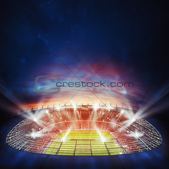 Top view of a soccer stadium at night with the lights on. 3D Rendering