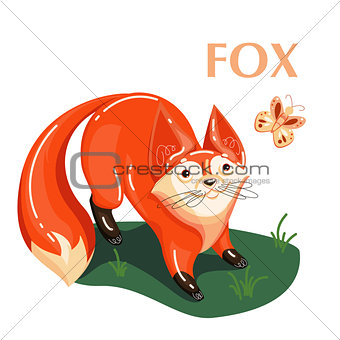Educational flashcard fox and flying butterfly