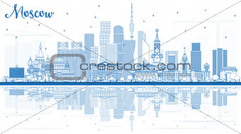 Outline Moscow Russia Skyline with Blue Buildings and Reflection