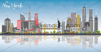 New York USA City Skyline with Gray Buildings, Blue Sky and Refl