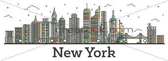 Outline New York USA City Skyline with Color Buildings Isolated 