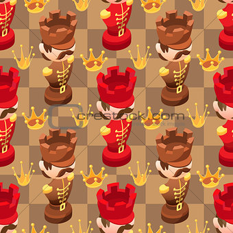 Chess seamless pattern with isometric cartoon chess pieces Rook.
