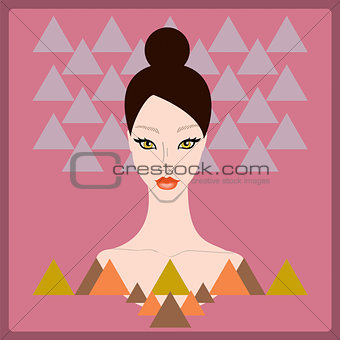 Beautiful stylish young woman face on dark pink background with triangle geometric shapes. Style of 80s