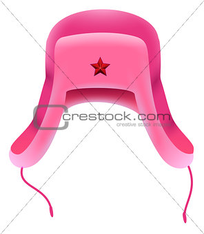 Pink Russian winter hat with earflap with red star. Football fan accessory