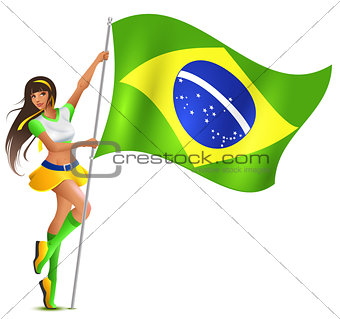 Beautiful woman holding flag of Brazil. Soccer fan