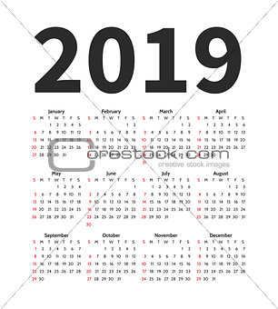 Calendar 2019 year vector design template. Simple minimalizm style. Week starts from Sunday. Portrait Orientation. Set of 12 Months.