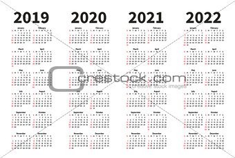 Calendar 2019, 2020, 2021 and 2022 year vector design template. Simple minimalizm style. Week starts from Sunday. Portrait Orientation. Set of 12 Months.