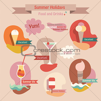 Set of summer drinks and food icecream, juice, cocktail