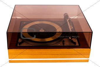 Vintage stereo turntable vinyl record player with a dust cover