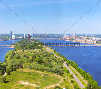 Aerial view of Riga from TV tower. Daugava, Latvia