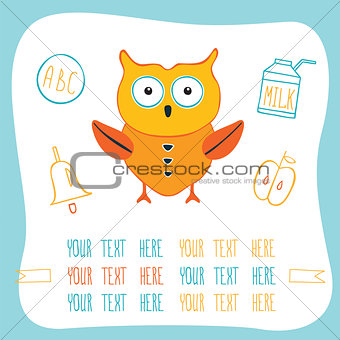 Cute cartoon owl, milk, ring bell and apple. Back to school concept