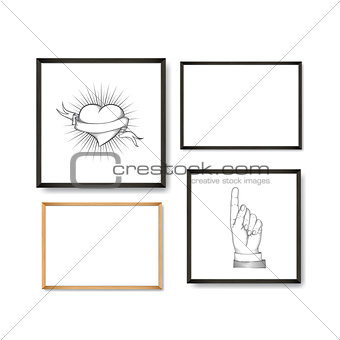 Set of Realistic Light and Dark Wooden Picture Frames on a White Wall with posters heart and pointing finger.