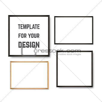 Set of Realistic Light and Dark Wooden Picture Frames on a White Wall.