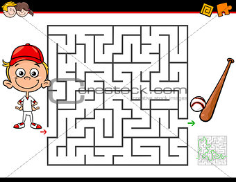 cartoon maze activity with boy and baseball