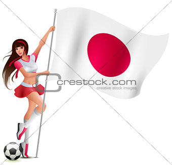 Beautiful young fan girl holding flag of japan. Cheerleader of football team and soccer ball
