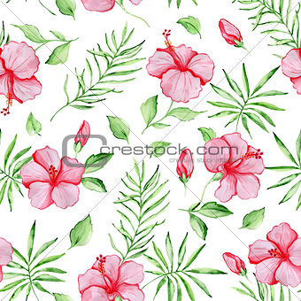 Pattern with red hibiscus flowers 