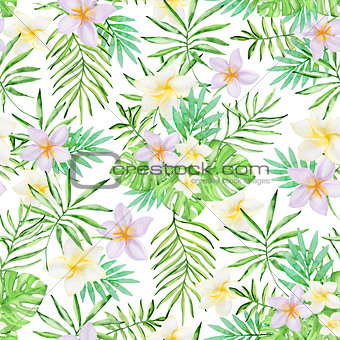 Pattern with tropical flowers and green palm leaves 