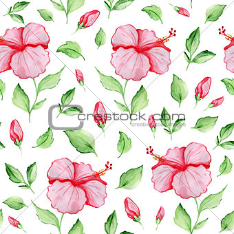 Seamless pattern with red hibiscus flowers 