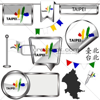 Glossy icons with flag of Taipei, Taiwan