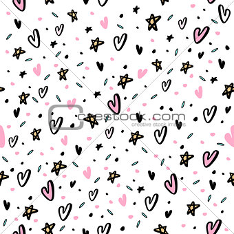 Hand drawn seamless pattern with hearts and star