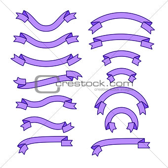 Set of different ribbons, purple tape banner collection, vector illustration