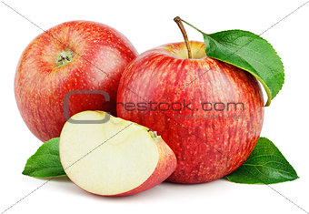 Ripe red apples with slice and leaves isolated on white