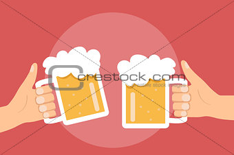 Two hands holding and clinking with beer glasses mug