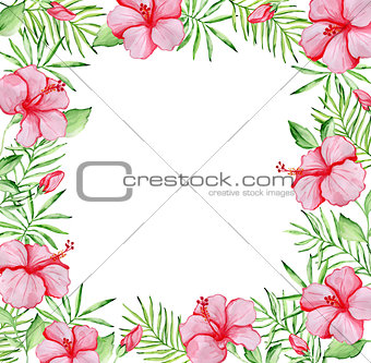Floral frame with red hibiscus flowers
