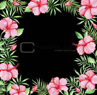 Tropical floral frame with red hibiscus 