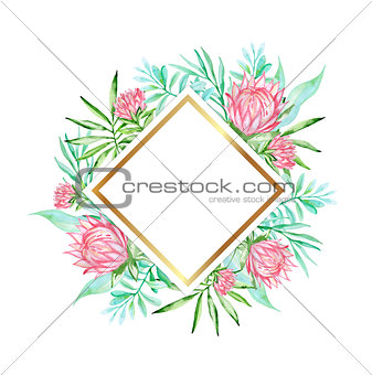 Banner with pink flowers and green palm leaves