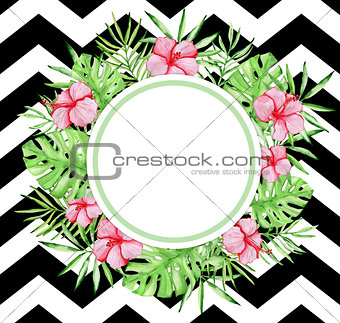 Watercolor tropical floral banner with red hibiscus