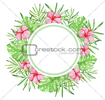 Watercolor tropical floral round banner with red flowers