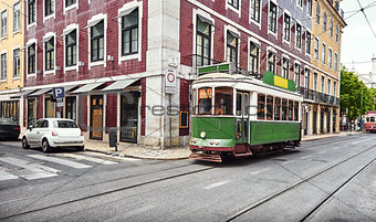 Lisbon, Portugal. Old retro tram on street