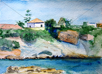 Watercolour painting of Crete in Greece with a while house and the sea