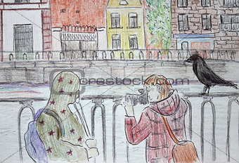 A pencil sketch of a photographer taking a picture