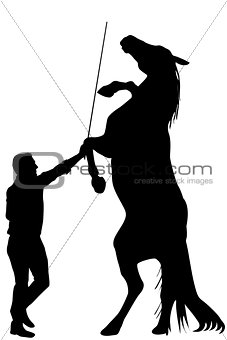 Black silhouette of man training a horse to rearing up