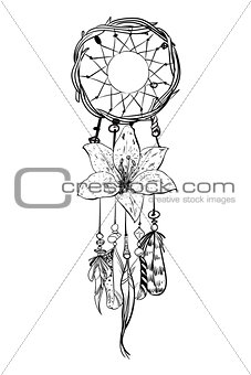 Monochrome vector illustration with hand drawn dream catcher. Ornate ethnic items, feathers, beads and flower.