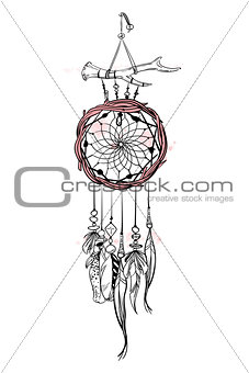 Vector illustration with hand drawn dream catcher. Watercolor brush strokes and stains. Ornate ethnic items, feathers, beads.